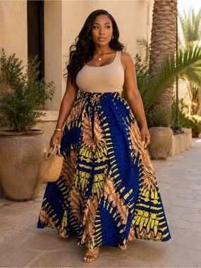 Handmade African Wax Print Maxi Skirt Free Size Ankara Ethnic Boho‎ Artisan